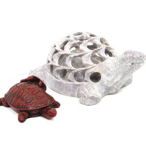Vintage Carved Soap Stone Turtle + CINNABAR MAMA & BABY TURTLE FIGURINE  LOT 2